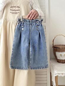 LMoss Kids Celana Panjang Denim Longgar Berlipit Kancing Kasual Serbaguna untuk Bayi Perempuan - Medium Wash - View 9