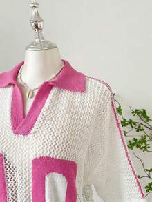 SHEIN EZwear 大尺碼女款夏季休閒度假風時尚街頭數位印花拼色V領落肩寬鬆透視鏤空針織上衣 - 玫紅色 - 查看 5