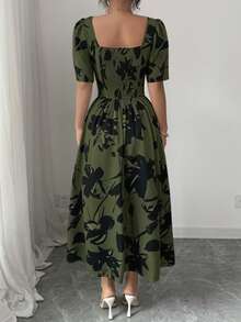 Vestido de vacaciones elegante de manga corta con estampado para mujer - Negro - Ver 8