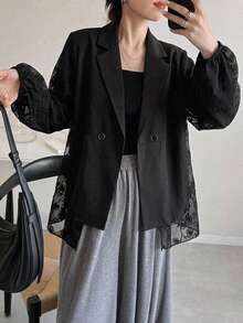 FRIFUL Women's Solid Color Hollow Knit Patchwork Jacket Summer - Black - View 1