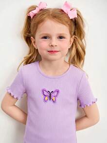SHEIN LMoss Kids Conjunto de 2 piezas de vestido casual de niña joven con cuello redondo, de punto, unicolor, a rayas y patchwork de mariposa - Multicolor - Ver 7