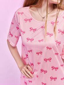 SHEIN Women's Short Sleeve Round Neck Striped Nightgown - Pink - View 4