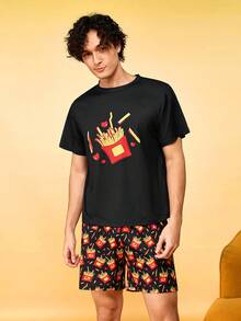 Notgurli 牛奶絲套頭男士雙件短版法式薯條印花居家服套裝 - 彩色 - 查看 4