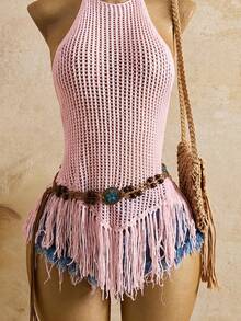 Bellisia 26SS Pink Halter Backless Sexy Boho Tropical Mature Mini Dress With Shell Tassel Suitable For Beach Vacation Summer - Pink - View 4