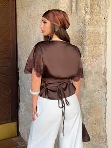 Jeta Ari New Spring/Summer Brown Satin Lace-Trimmed Waist-Cinching Blouse For Women. A Modern Retro-Style, Luxurious, Silky Brown Short-Sleeved Blouse With Lace Sleeves. Perfect For Casual Office Wear, Daily Commutes, Dates, And Parties.,Summer Top - Brown - View 3