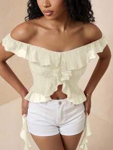 Eryvara Women's Shoulder Top, Sexy Romantic Elegant Vacation Style, Textured Fabric Design With Ruffle Hem Night Out Date Night Beige Summer - Apricot - View 4