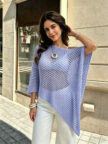 SHEIN PariChic Sweater Wanita Warna Polos Leher Bulat Desain Berongga Hem Asimetris untuk Liburan Musim Panas Warna Biru Muda Gaya Boho - Biru - View 5