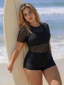 Swim SPRTY Plus Size Women 3pcs Set Solid Color Mesh Cover-Up, Camisole Bra And Shorts Bikini Set Set, Suitable For Beach, Vacation, Surfing And Sports - Black - View 4