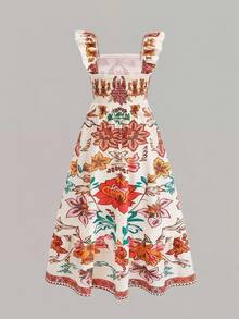 Tween Girls Woven Vacation Floral Print Square Neck Flutter Sleeve Ruffle Hem Maxi Dress, Summer Dress, Floral Dress, Cap Sleeve, Square Neck - Multicolor - View 4