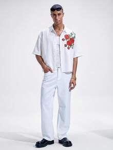 NobleFwd Camisa de manga corta con estampado floral de rosas rojas falsas bordadas, de corte holgado, adecuada para primavera/verano, gran regalo para amigos - Blanco - Ver 4