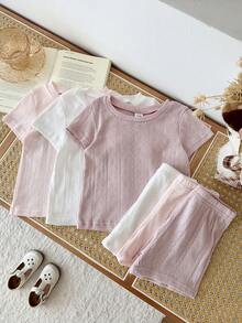 SHEIN 6pcs/Baby Girl's Summer Short-Sleeved Solid Color Knitted Ribbed Top And Shorts Set With Cute And Fun ,Comfortable Clothing Suitable For Outdoor Activities. - Multicolor - View 3