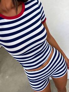 Conjunto de 2 piezas para adolescentes: Suéter de cuello redondo de punto gris sólido + Shorts grises, Conjunto básico casual y deportivo para el verano - Multicolor - Ver 4