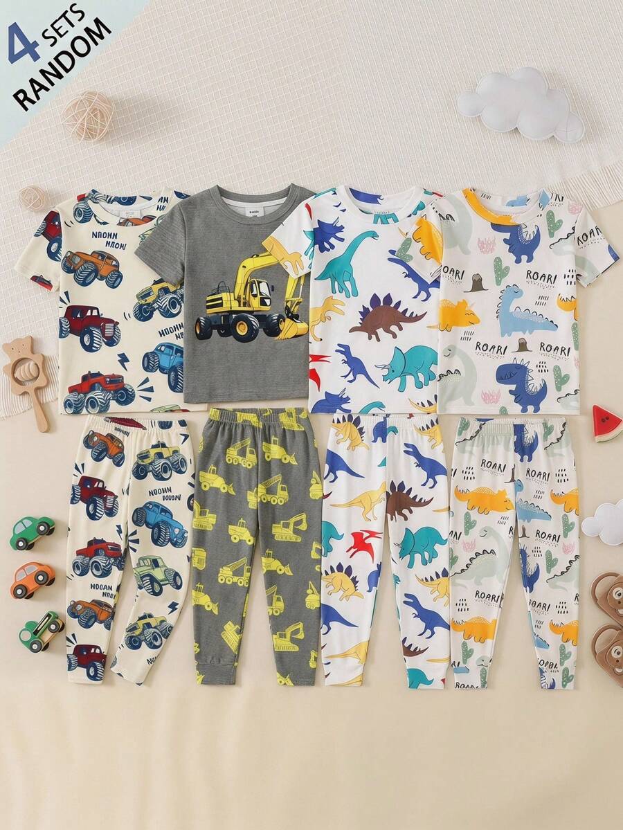 SHEIN Young Boy Casual Snug Fit Car Cartoon Print Round Neck Short Sleeve Top And Pants Loungewear, Suitable For All Seasons - Multicolor - View 1