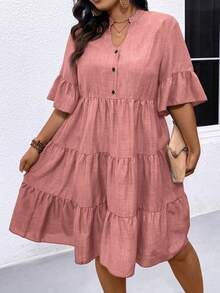 Linhara CURVE Plus Size Women's Button Notch V-Neck Ruffle Hem Dress - Pink - View 6
