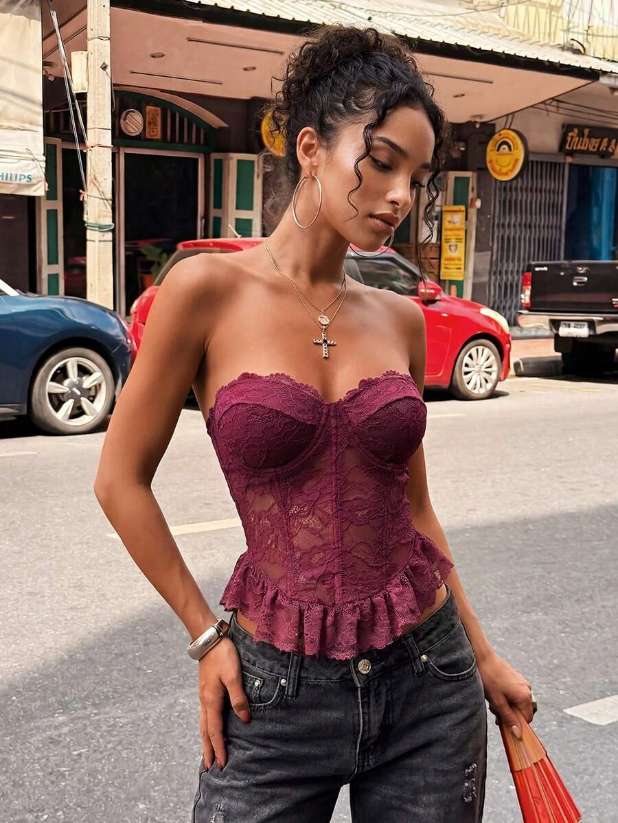 Aloruh 女士性感红色蕾丝文胸，情人节