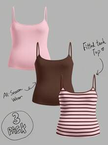 SHEIN BASICS 女款大尺碼修身休閒百搭細肩帶背心上衣夏季 - 彩色 - 查看 1