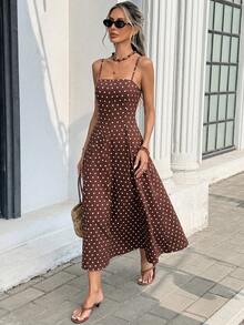 Serisse Women's Brown And White Polka Dot Print Spaghetti Strap Mid-Length Dress,Dresses For Women Summer Vacation French - Brown - View 5