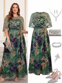 Ellevyn Plus Size Women Floral Jacquard Mesh Sleeve Elegant Dress - Green - View 1