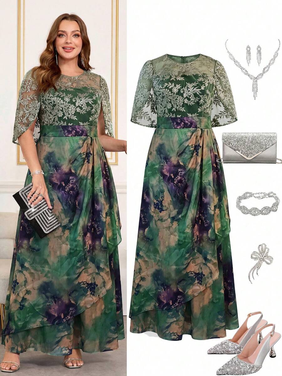 Ellevyn Plus Size Women Floral Jacquard Mesh Sleeve Elegant Dress - Green - View 1