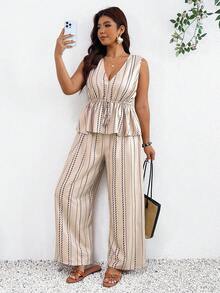 SHEIN Frenchy Große Größen Lässig Urlaub Gestreift Ärmellos A-Linie Hemd Und Gerade Beine Lässig Hose 2 Teile Set - Verschiedenfarbig - Übersicht 5