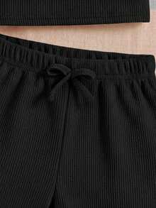 SHEIN 少女日常休閒居家素色無袖背心上衣與短褲套裝 - 黑色 - 查看 4