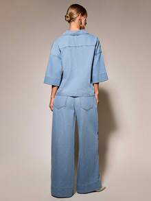 COSMINA Denim Set Denim Wanita Lengan Gulung Rumbai Warna Polos Kancing untuk Ulang Tahun, Sehari-hari, Pergi Keluar, Liburan, Biru Muda, Musim Panas, Kasual - Biru - View 4