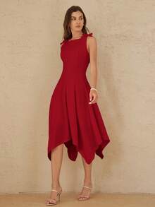 BELROSIE Vestido largo elegante rojo para fiesta y cita, corte princesa, silueta A entallada, sin mangas, cuello redondo, detalle de nudo en los hombros, bajo ancho asimétrico - Rojo - Ver 4