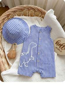 2pcs/Set Baby Boys/Girls Summer Green & White Striped Sleeveless Romper And Matching Bucket Hat, Casual Vacation Outfits - Blue - View 2