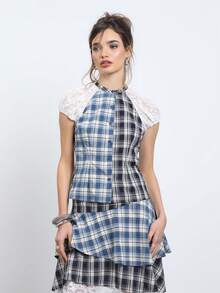 COUREZ 拼接蕾絲與格紋修身上衣 /Y2K夏季女裝 夏季穿搭 女士外出穿搭 夏季襯衫 外出上衣 可愛上衣 襯衫 - 彩色 - 查看 2