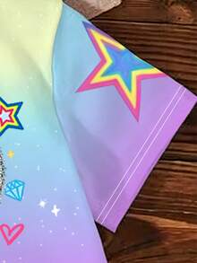 1pc Girls Rainbow Gradient Rhinestone Heart & Star Print Crew Neck Short Sleeve T-Shirt, Casual Summer Top For Daily Wear And Outings - Multicolor - View 5