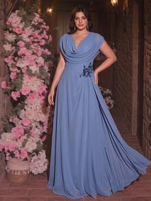 Glamrae Plus Size Elegant Formal Deep Dusty Blue Chiffon Draped Neck Dolman Sleeve Ruched Asymmetric Ruffle Hem Luxurious Applique Decor Dress Wedding Evening - Dusty Blue - View 2