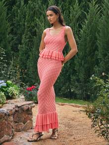 VOLUPTÉ CURVE Plus Size Summer Pink Knit Round Neck Sleeveless High Waist Bodycon Ruffle Hollow Edge Fashionable Two Piece Set For Wedding Guest Brunch - Khaki - View 5