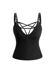 ROMWE Grunge Punk Plus Size Y2K Punk Sexy Pentagram Lace-Up Design Metal Strap Fitted Solid Color Versatile Tank Top - Black - View 2