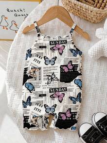 SHEIN Baby Girl Butterfly & Slogan Graphic Lettuce Trim Cami Romper - Multicolor - View 1