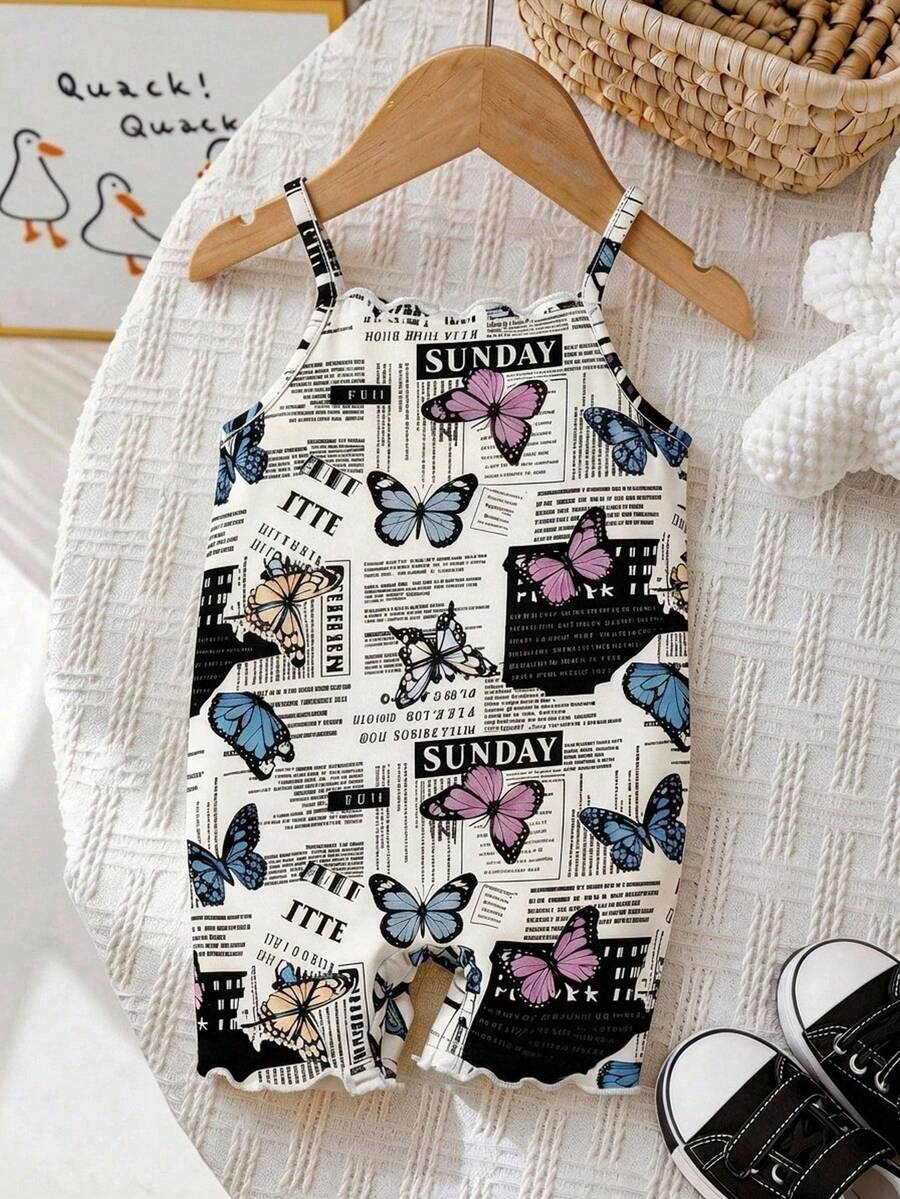 SHEIN Baby Girl Butterfly & Slogan Graphic Lettuce Trim Cami Romper - Multicolor - View 1