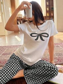 Napfluff Cute Bow Embroidery Top & Plaid Pants Women's Pajama Set - Black - View 4