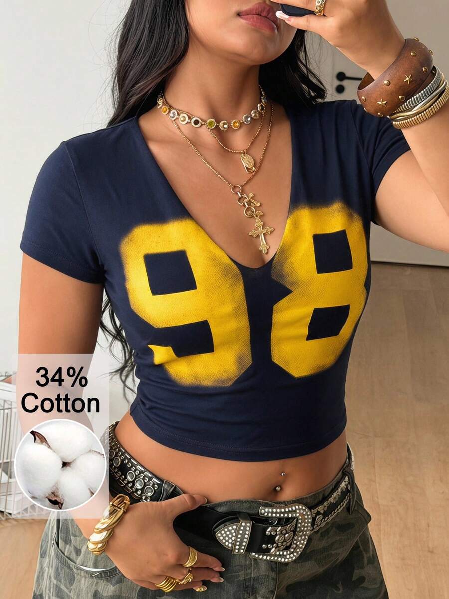 Coolane Women's Plus Size Summer Night Streetwear 90s Chic Daily Wearnumber Pattern Stretchy Navy Blue Bustier Notched T-Shirt