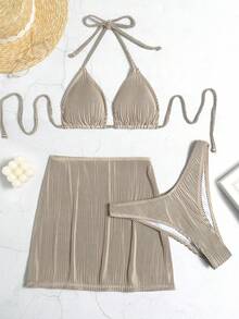 Swim SXY Summer Beach 3packs Halter Triangle High Cut Bikini & Beach Skirt - Khaki - View 6