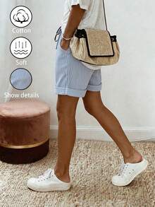 EMERY ROSE Women's Loose Striped Shorts With Pockets, Casual Vacation Style - Blue and White - View 3
