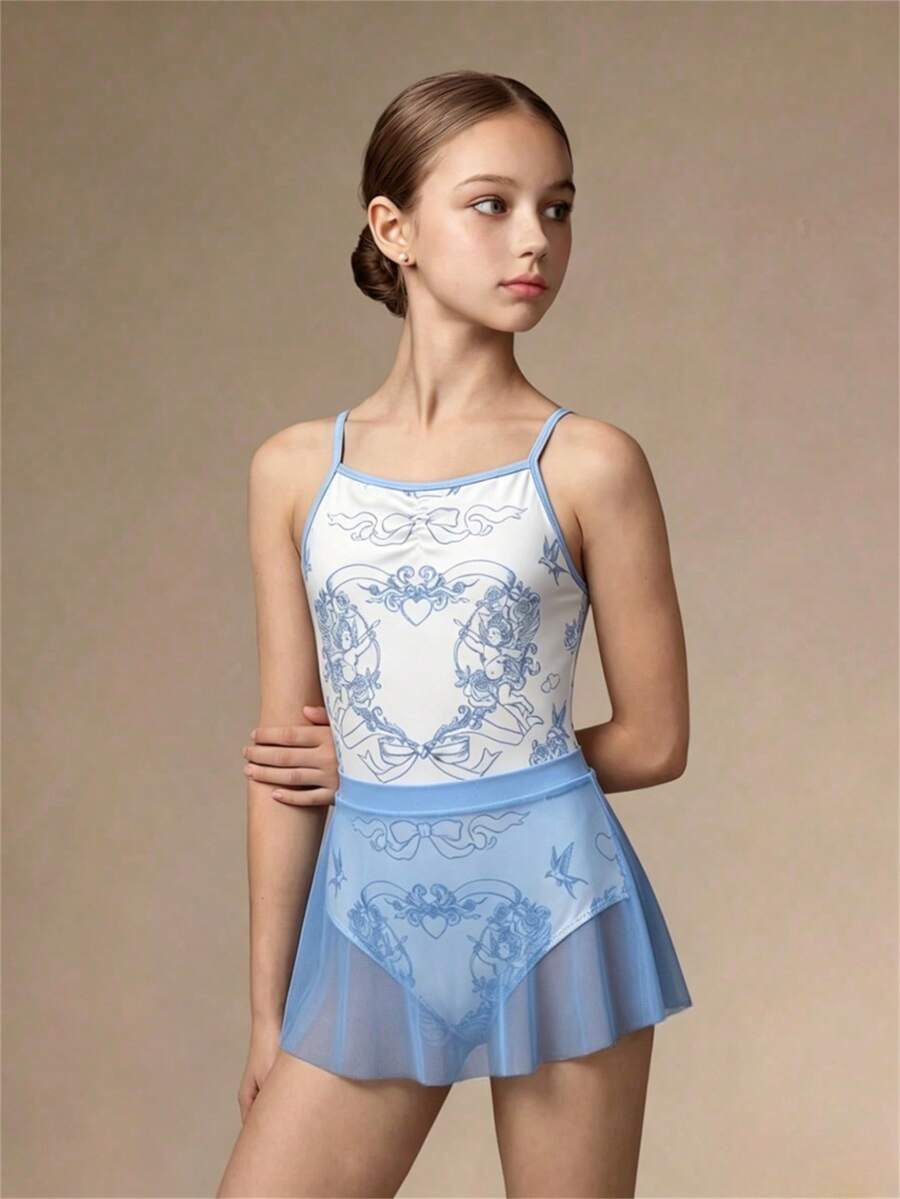 SHEIN Bộ đồ múa ba lê 2 món cho bé gái gồm áo liền quần hai dây màu trắng ngọt ngào và váy tutu liền thân, dây đeo có thể điều chỉnh với phần phối lưới, thiết kế họa tiết trang nhã, phù hợp cho các kỳ thi ba lê và biểu diễn trên sân khấu, chất liệu co giãn cao, mềm mại và thân thiện với da.