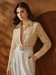 Anewsta French Luxury Beaded & Sequin Embroidered Collar Long Sleeve Blouse For Women, Slimming & Versatile - Yellow - View 6