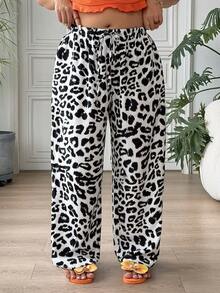 SHEIN EZwear Plus Size Women Casual Leopard Print Drawstring Waist Loose Wide Leg Pants, Suitable For Vacation, Street Fashion, Daily Commute - Multicolor - View 10