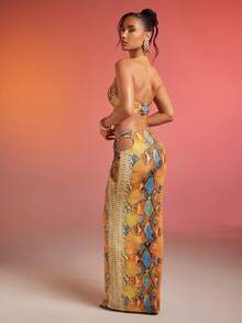 Hauture Vestido de malla estampado con cuello halter y escote pronunciado dramático con detalle de herrajes de metal dorado - Multicolor - Ver 2