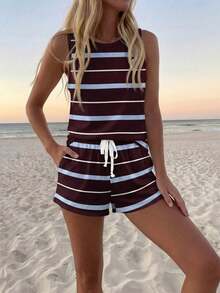 SHEIN LUNE Women's Casual Round Neck Tank Top And Shorts 2 Pieces Set, Suitable For Summer,Summer Outfits For Women - Multicolor - View 5