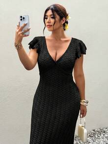Firerie 大尺碼女款優雅浪漫度假風淺黃色針織長袖荷葉邊洋裝，適合春夏旅行 - 黑色 - 查看 9