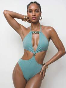 Maija Women's Halter Neck Solid Color Minimalist Tropical One-Piece Swimsuit Suitable For Summer Bathing Suits Beach Vacation Teal - Mint Blue - View 5