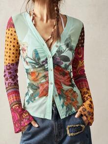 Bohemela Blusa casual de punto de malla con estampado floral y abotonadura sencilla para mujer - Multicolor - Ver 2