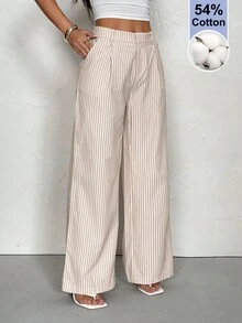 SHEIN PETITE 女款條紋長褲，舒適休閒褲，適合春夏穿著，夏威夷風兩件套，適合嬌小女性 - 卡其色 - 查看 4