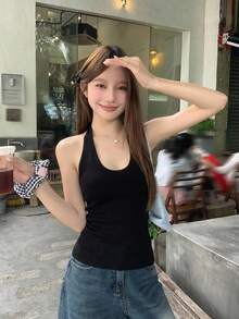 DAZY Women's Summer Casual Versatile Solid Color Halter Neck Top - Black - View 9