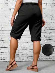 INAWLY Plus Size Casual Loose Simple Solid Color Shorts - Black - View 2